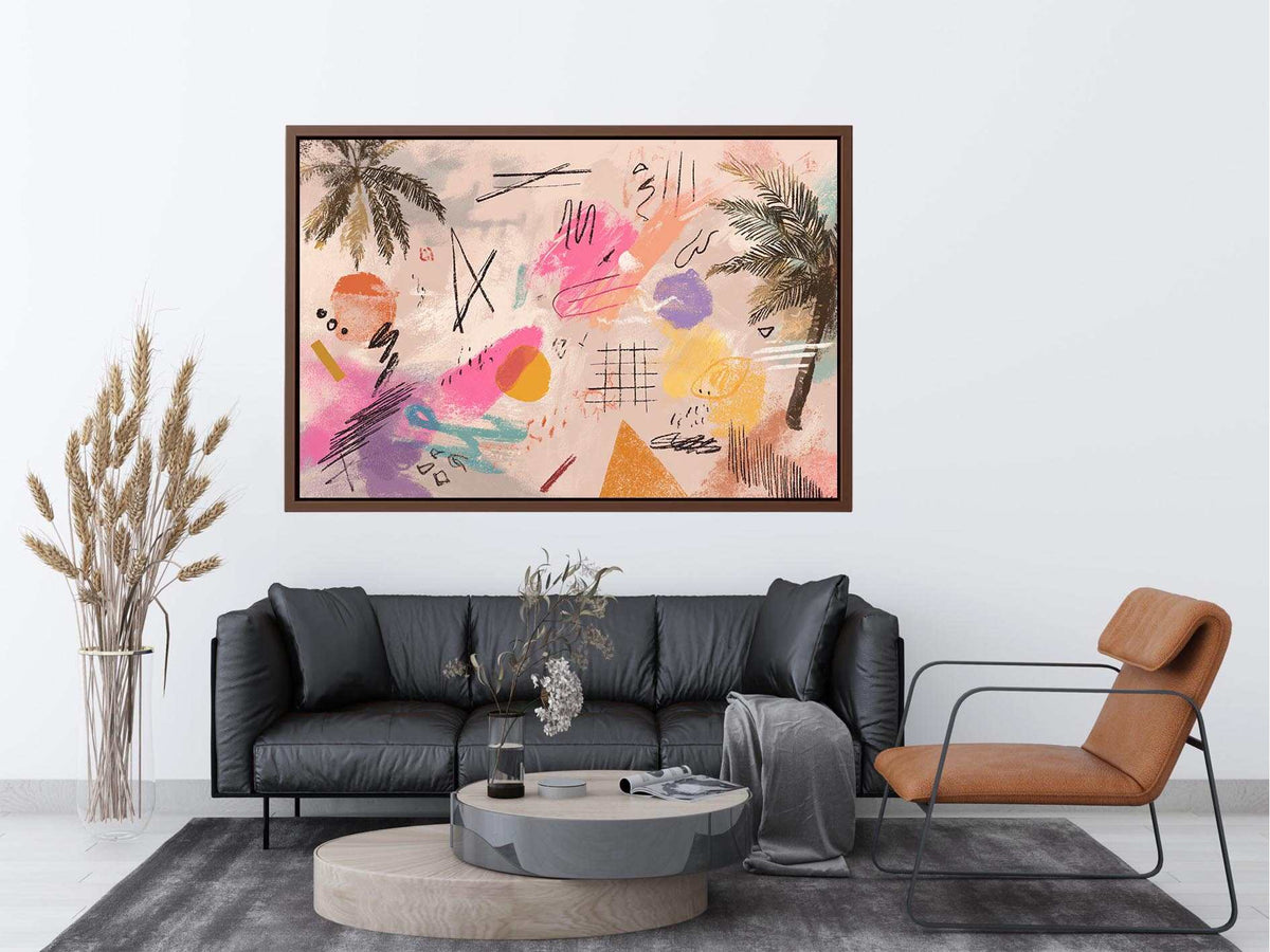 Soft abstract palm canvas art with pink, teal, and yellow marks for coastal modern room decor.