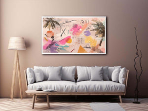 Soft abstract palm canvas art with pink, teal, and yellow marks for coastal modern room decor.