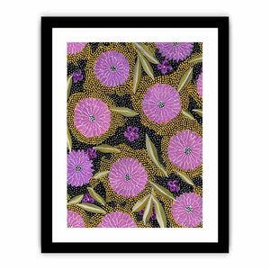 Vertical purple floral canvas art with gold dotted pattern and olive leaves for modern home decor.
