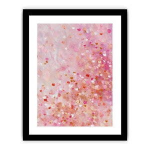 Soft pink abstract canvas art with heart-like confetti marks for bedroom or nursery decor.