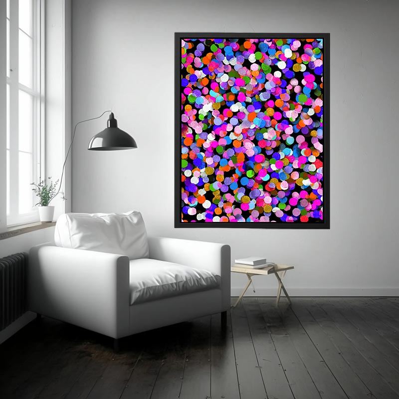 Colorful abstract confetti canvas art with bright circles on black for playful modern decor.