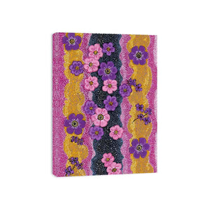 Vertical purple and pink floral canvas art with dotted gold pattern for modern statement decor.