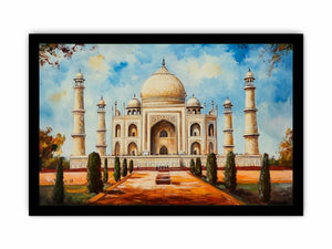 Taj Mahal architectural canvas art with garden pathway for elegant living room styling.