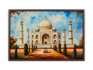 Taj Mahal architectural canvas art with garden pathway for elegant living room styling.