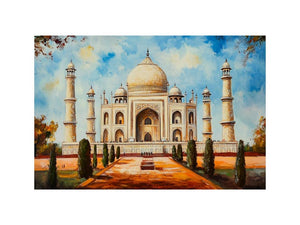 Taj Mahal architectural canvas art with garden pathway for elegant living room styling.