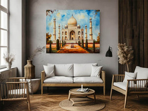 Taj Mahal architectural canvas art with garden pathway for elegant living room styling.