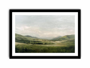 Green mountain landscape canvas art with misty valley and soft sky for calm living room decor.