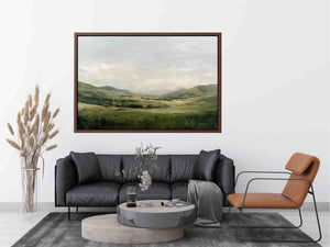Green mountain landscape canvas art with misty valley and soft sky for calm living room decor.