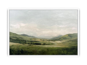 Green mountain landscape canvas art with misty valley and soft sky for calm living room decor.