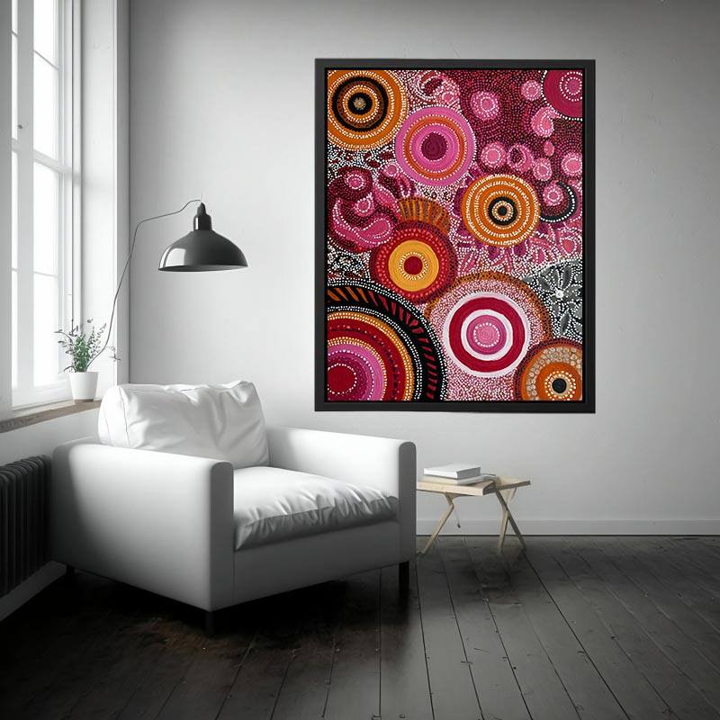 Ruby and ochre abstract dot canvas art with circular patterns for bold modern decor.