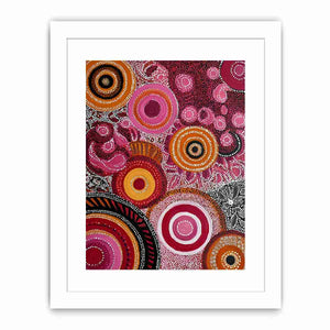 Ruby and ochre abstract dot canvas art with circular patterns for bold modern decor.