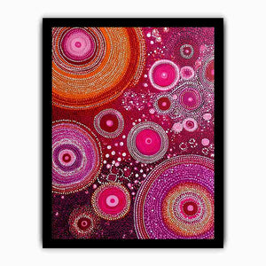 Magenta abstract dot canvas art with orange circular orbits for bold modern wall decor.