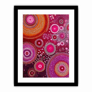 Magenta abstract dot canvas art with orange circular orbits for bold modern wall decor.