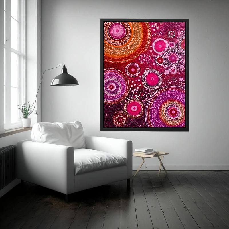 Magenta abstract dot canvas art with orange circular orbits for bold modern wall decor.
