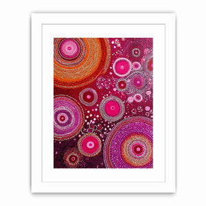 Magenta abstract dot canvas art with orange circular orbits for bold modern wall decor.