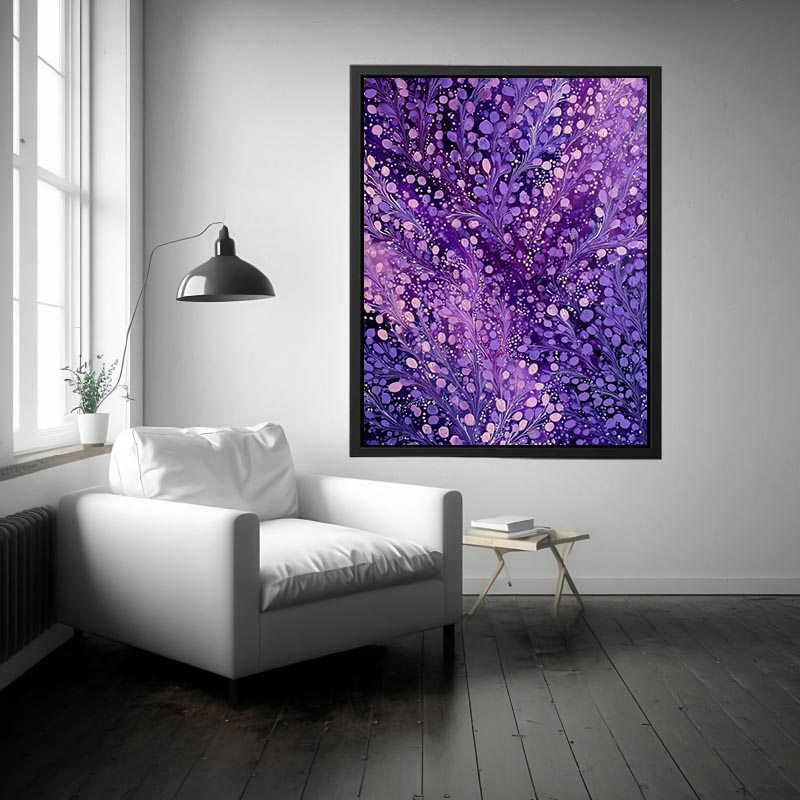 Purple botanical canvas art with lavender branches and dotted accents for elegant bedroom decor.