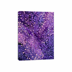 Purple botanical canvas art with lavender branches and dotted accents for elegant bedroom decor.