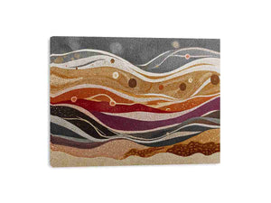 Earth tone dotted abstract landscape canvas art for warm modern living room decor.