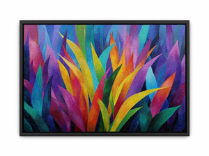 Colorful abstract tropical leaf canvas art for bold modern living room decor.
