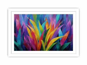 Colorful abstract tropical leaf canvas art for bold modern living room decor.