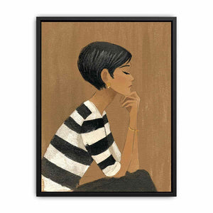 Minimalist woman portrait canvas art with striped shirt for stylish bedroom decor.