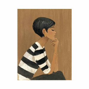 Minimalist woman portrait canvas art with striped shirt for stylish bedroom decor.