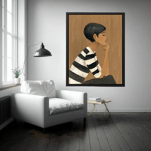 Minimalist woman portrait canvas art with striped shirt for stylish bedroom decor.