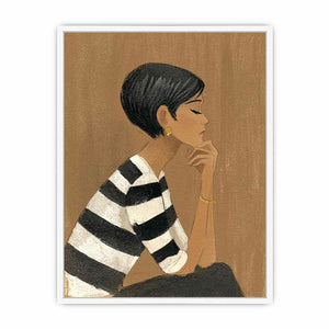 Minimalist woman portrait canvas art with striped shirt for stylish bedroom decor.