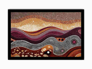 Warm ochre dotted abstract landscape canvas art for modern living room decor.