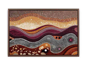 Warm ochre dotted abstract landscape canvas art for modern living room decor.