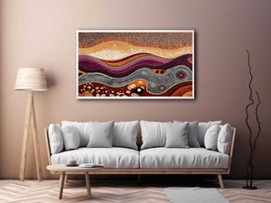 Warm ochre dotted abstract landscape canvas art for modern living room decor.