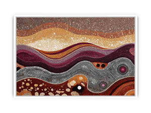 Warm ochre dotted abstract landscape canvas art for modern living room decor.