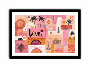 Pink boho love canvas art with palm trees and playful shapes for bedroom decor.
