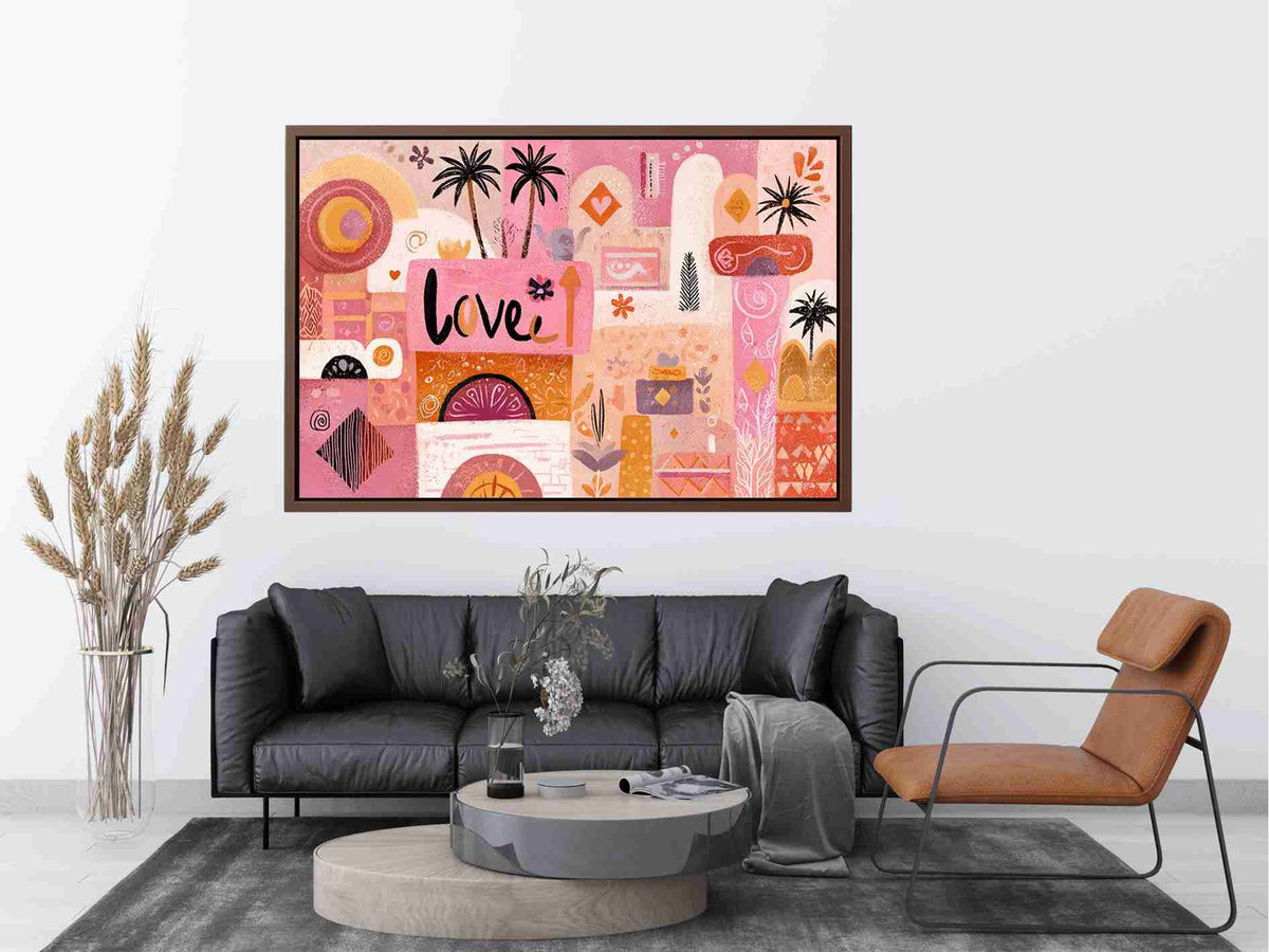 Pink boho love canvas art with palm trees and playful shapes for bedroom decor.