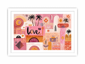 Pink boho love canvas art with palm trees and playful shapes for bedroom decor.