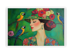 Colorful woman portrait canvas art with parrots and floral hat for stylish room decor.