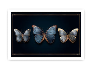 Blue butterfly canvas art with gold accents for luxury modern living room decor.