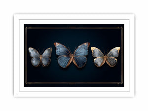 Blue butterfly canvas art with gold accents for luxury modern living room decor.