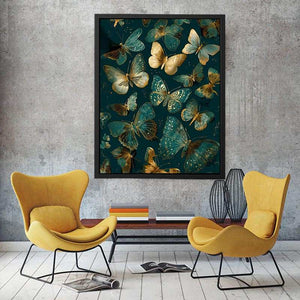 Teal and gold butterfly canvas art for elegant vertical living room wall decor.
