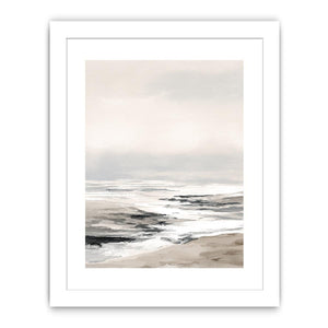 Soft neutral coastal canvas art with misty shoreline for calming bedroom decor.