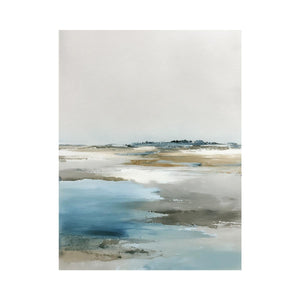 Minimal coastal canvas art with blue water and soft neutral horizon for bedroom decor.