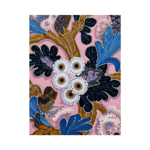 Pink and blue native floral canvas art with bold leaves for modern living room decor.