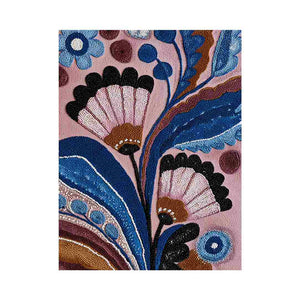 Blue and pink folk floral canvas art with bold leaves for bedroom wall decor.