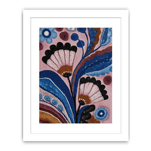 Blue and pink folk floral canvas art with bold leaves for bedroom wall decor.