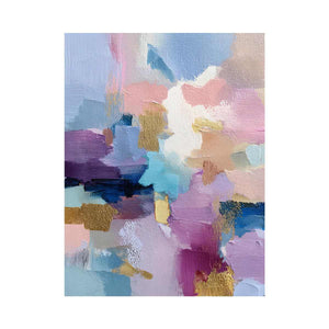 Pastel abstract canvas art with gold accents and brush texture for modern bedroom decor.