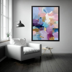 Pastel abstract canvas art with gold accents and brush texture for modern bedroom decor.