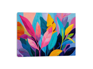 Colorful tropical leaves canvas art for bold modern living room decor.