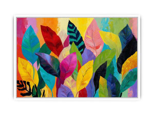 Bright tropical leaf canvas art for colorful living room decor.