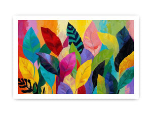 Bright tropical leaf canvas art for colorful living room decor.