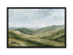 Green mountain landscape canvas art for calm modern living room decor.